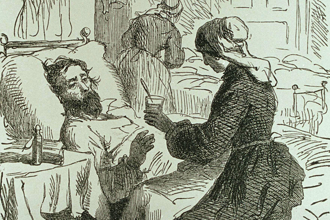 A woman tending to a sick man, 1861. Engraving by Albert Bobbett