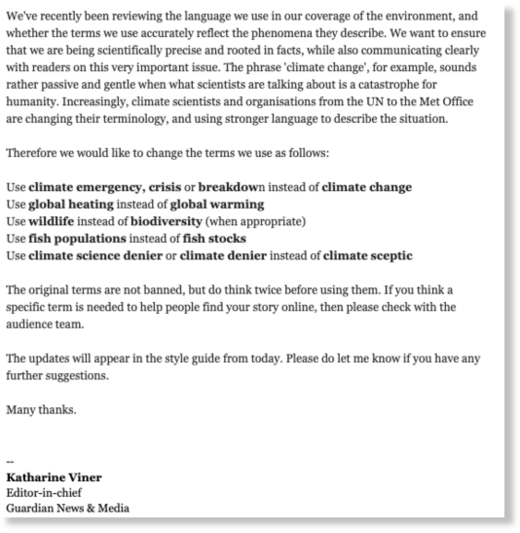 Guardian new language on climate change