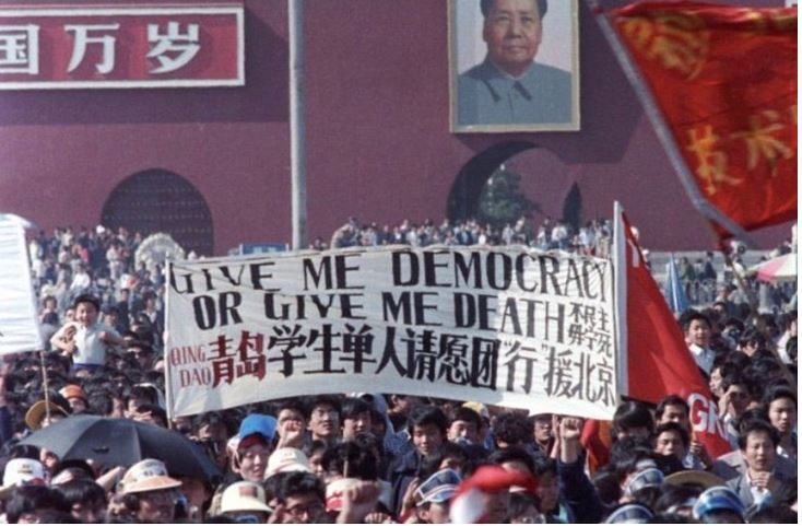 Tianenment protest signs in English