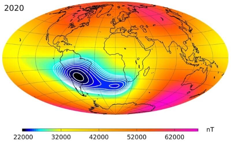 The strength of Earth’s magnetic field, as of 2020