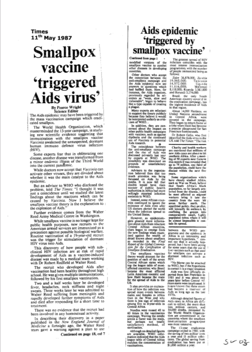 The Times May 11,1987 Smallpo vaccine 'triggered Aids virus'
